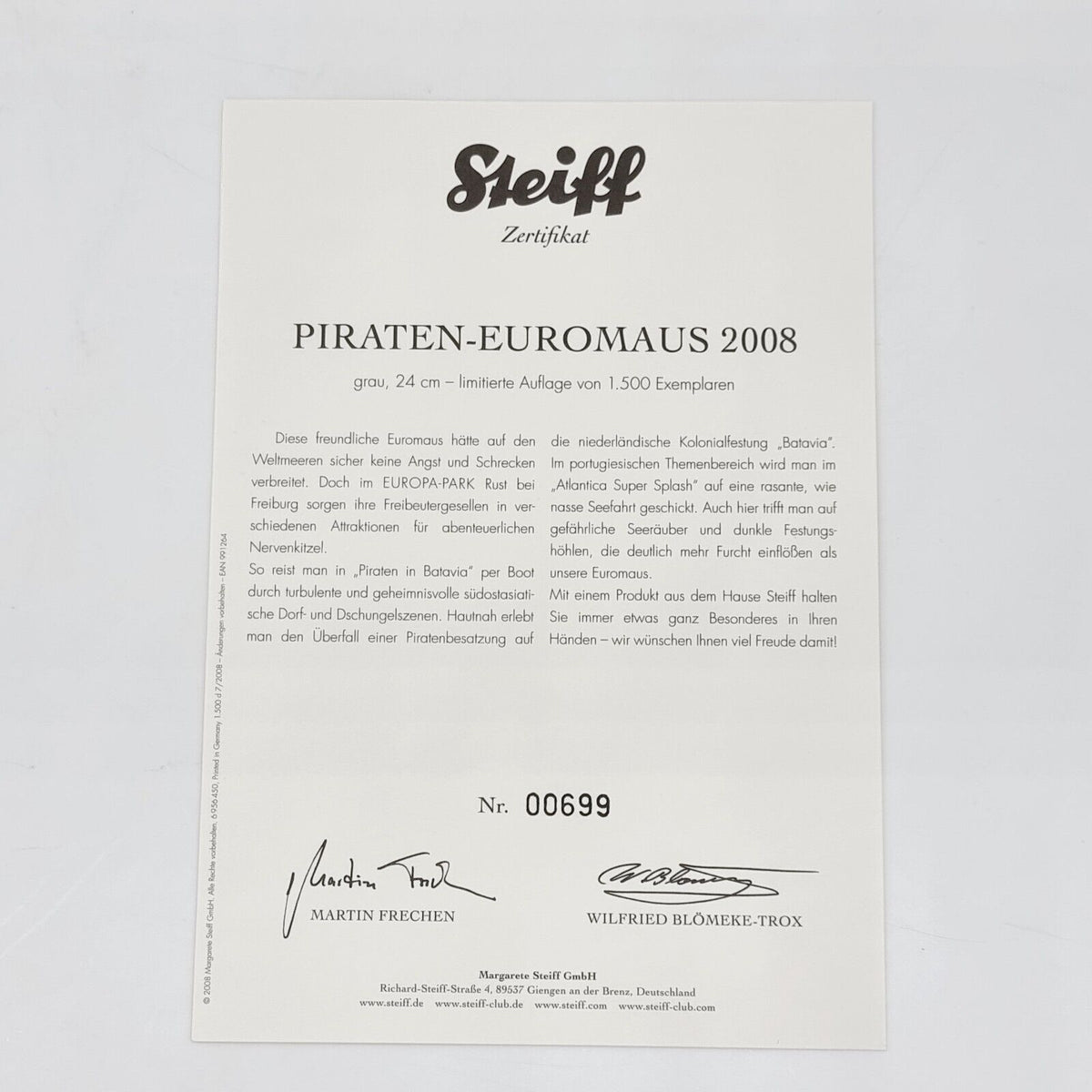 Steiff 991264 Euromaus für Europapark limitiert 1500 aus 2008 24 cm
