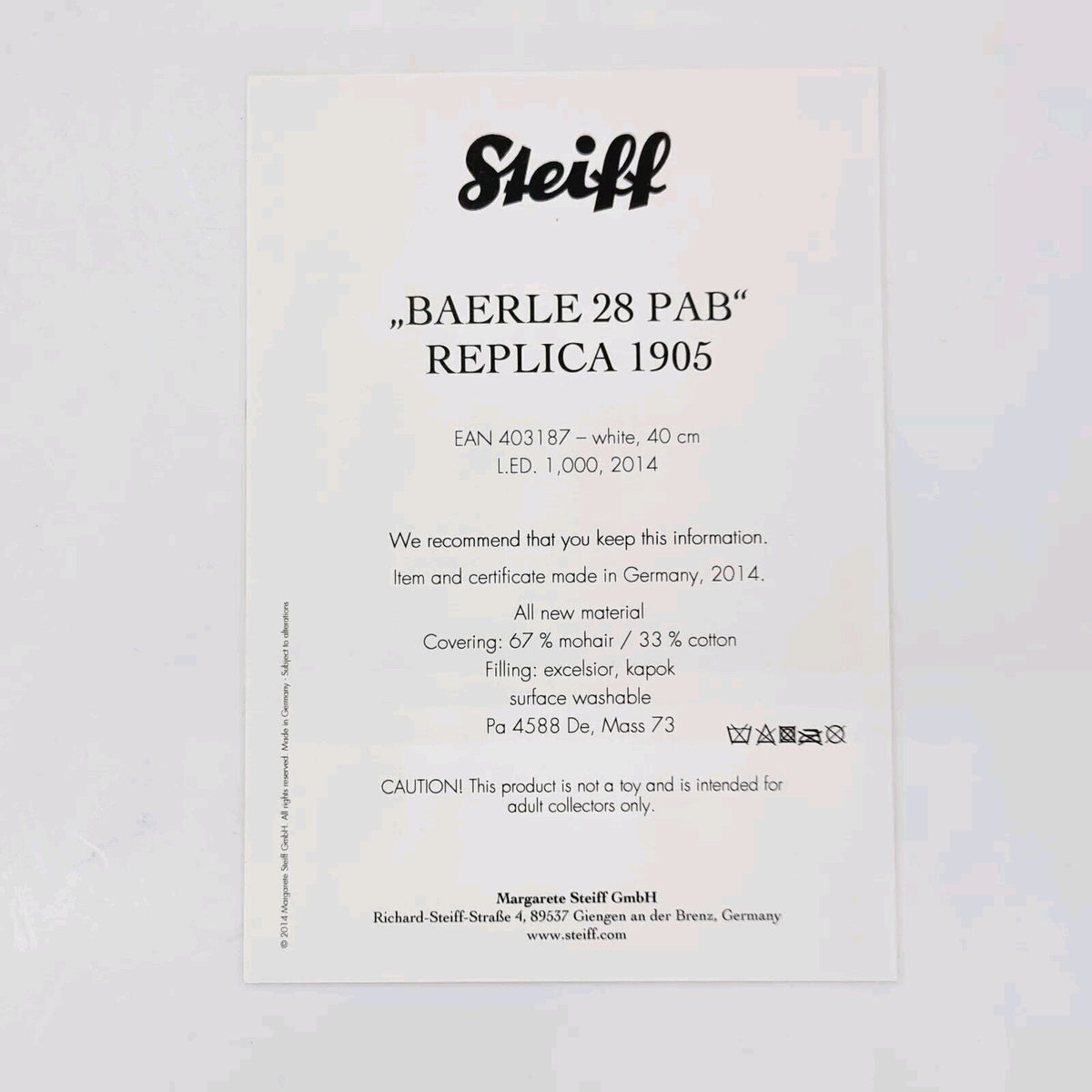 Steiff 403187 Teddybär Bärle 28 PAB Replica 1905 limitiert 1000 40 cm Mohair