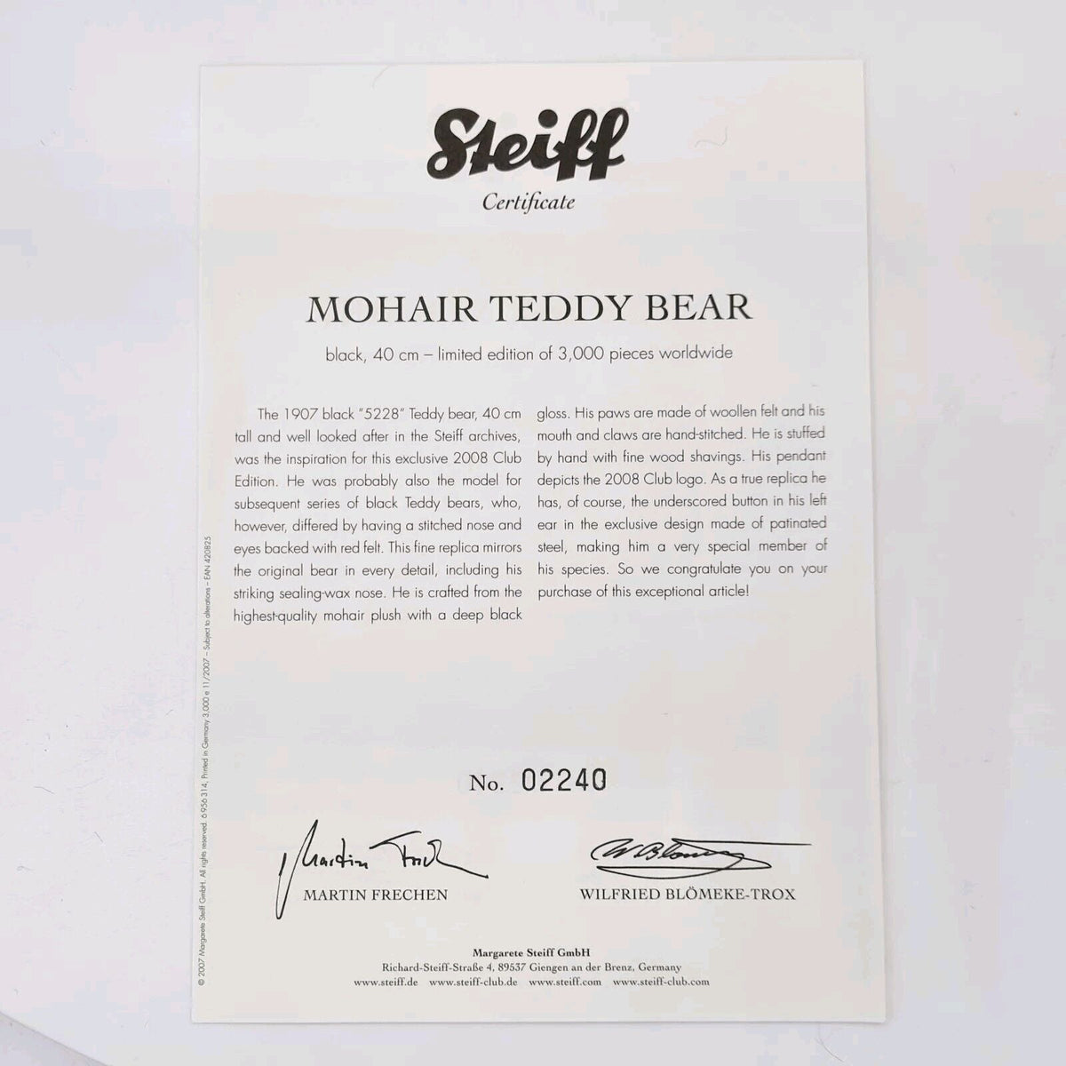 Steiff 420825 Teddybär schwarz Replica 1907 limitiert 3000 aus 2008 40 cm Mohair