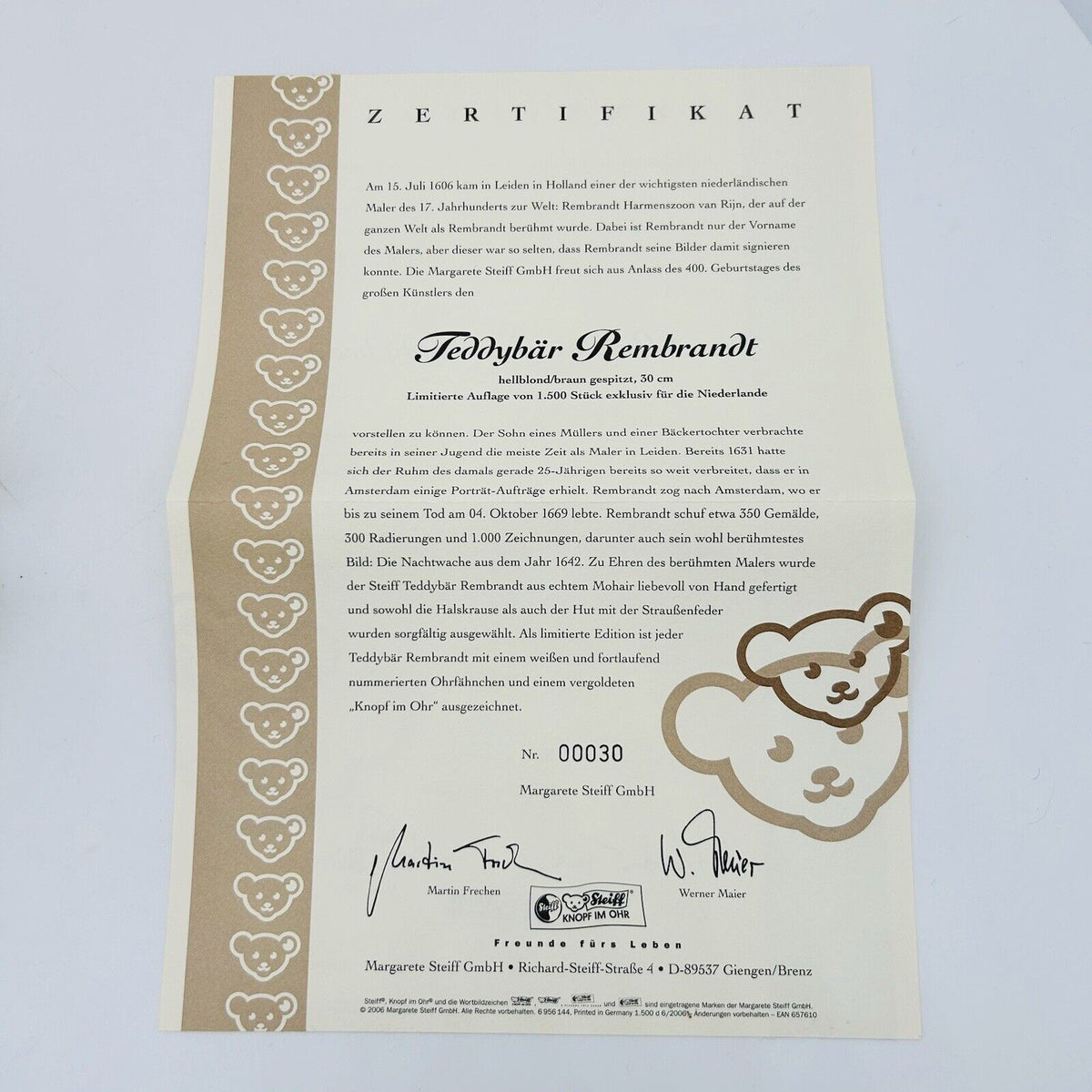 Nr. 30! Steiff 657610 Teddybär Rembrandt limitiert 1500 aus 2006 30 cm Mohair