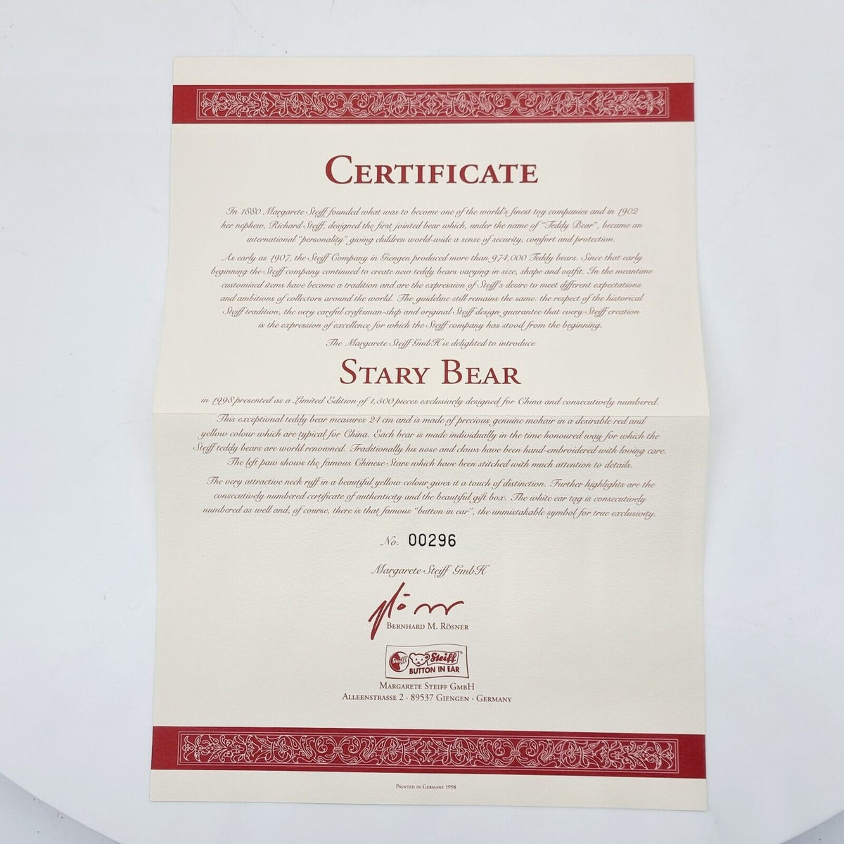 Steiff 652684 Teddybär Stary Bear limitiert 1500 aus 1998 für China 24 cm