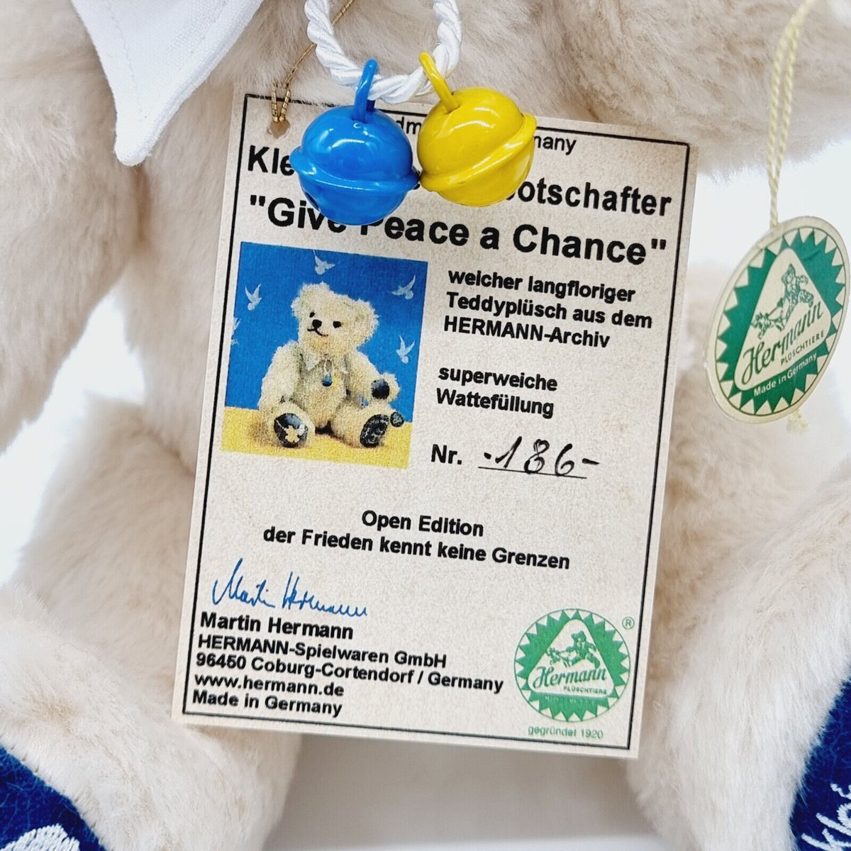 Hermann Kleiner Friedensbotschafter Ukraine Teddybär "Give peace a chance" 33cm