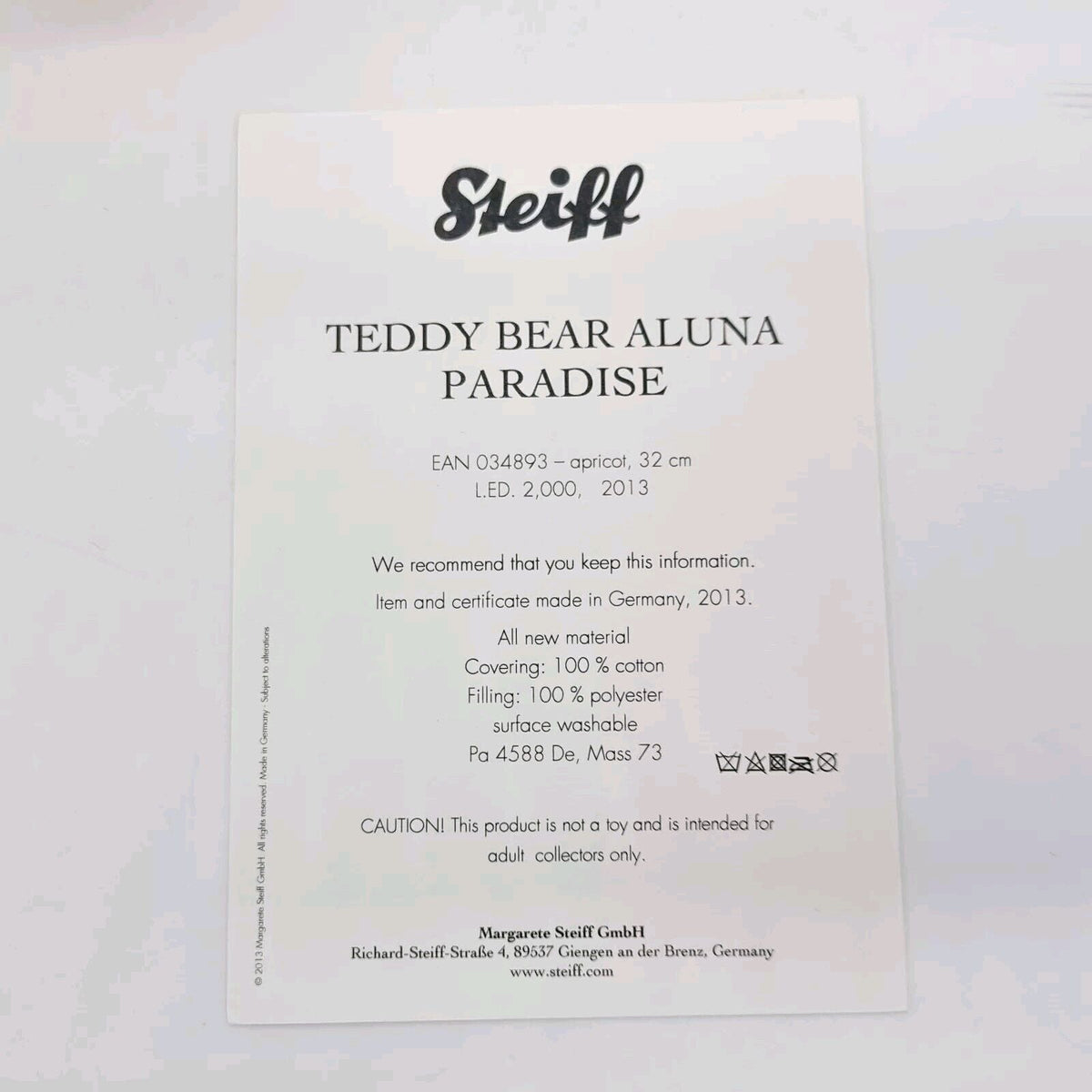 Steiff 034893 Teddybär Aluna Paradise 32 cm limitiert Jahr 2013