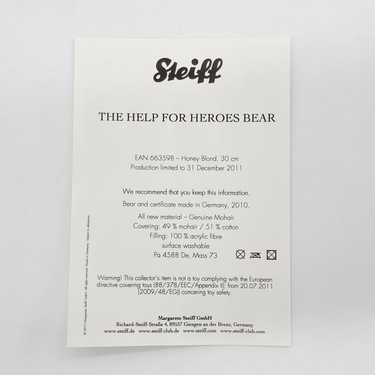 Steiff 663598 Teddybär Help for Heroes Bear Zeitlimitierung 30 cm Mohair