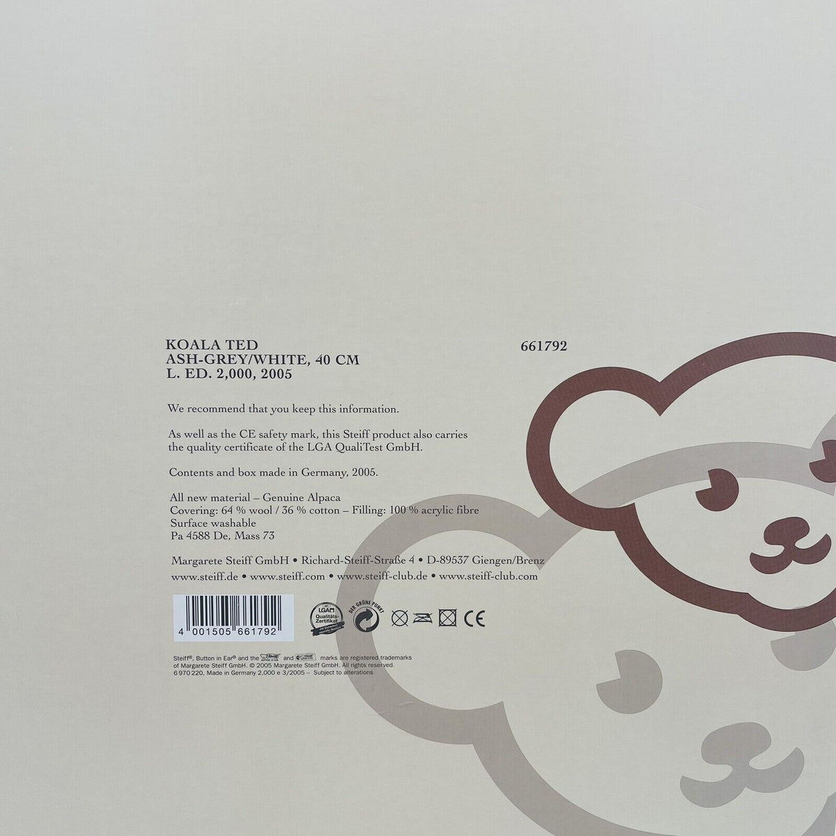 Steiff Teddybär Koala Ted limitiert 2000 aus 2005 UK und Irland exklusiv 40cm