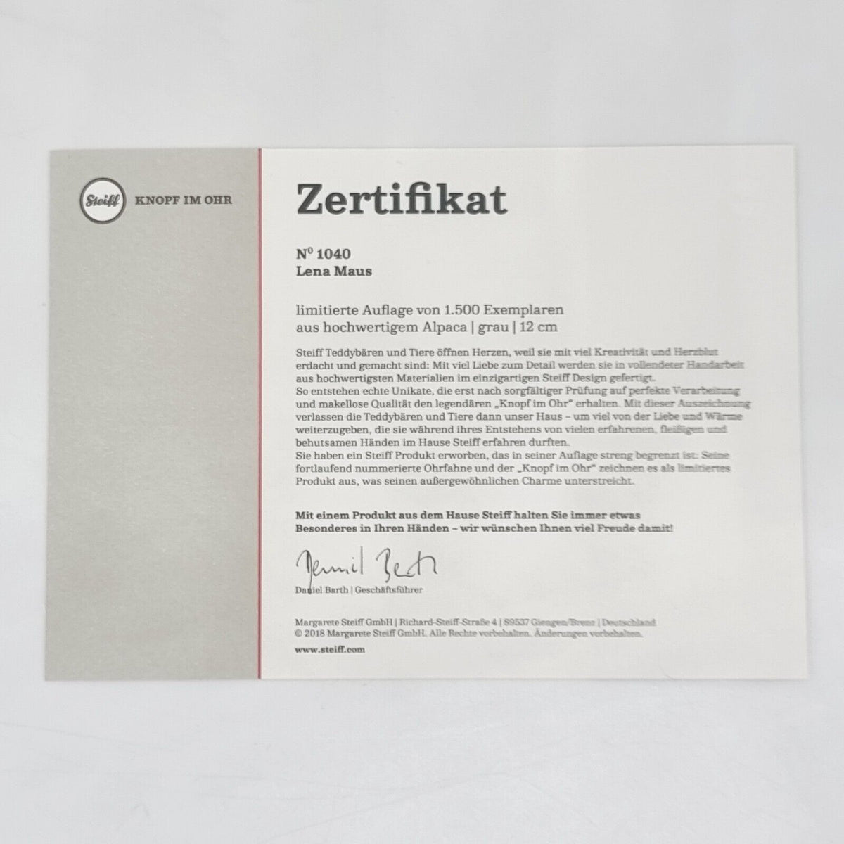 Steiff 006319 Lena Maus 12 cm limitiert 1500 Alpaca Jahr 2018