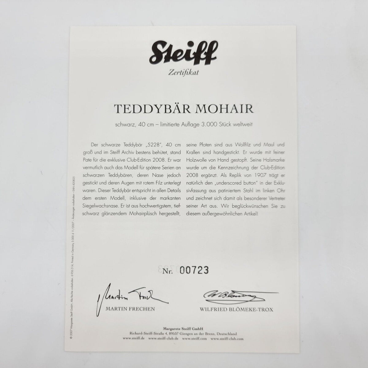 Steiff 420825 Mohair Teddybär schwarz 40 cm limitiert 3000 Jahr 2008