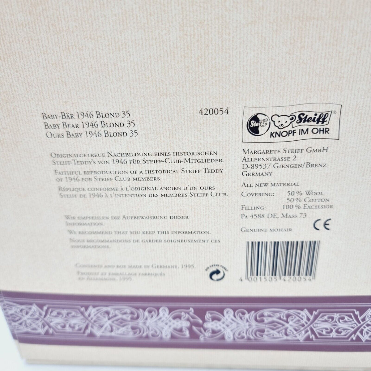 Steiff 420054 Club Edition Baby Bär blond 35cm 1995 limitiert Zertifikat