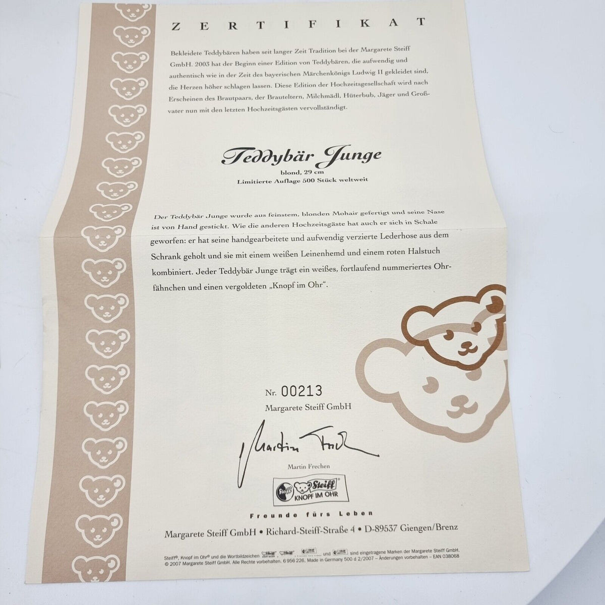Steiff 038068 Teddybär Junge Hochzeitsgesellschaft 29 cm limitiert 500 Jahr 2007