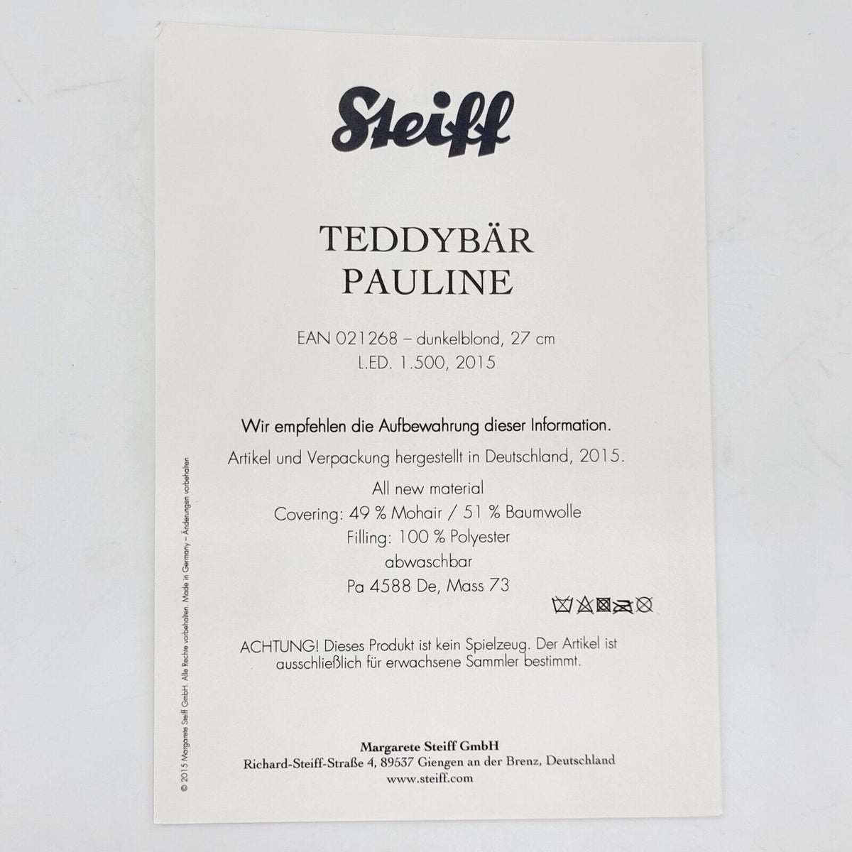 Steiff 021268 Teddybär Pauline limitiert 1500 aus 2015 27 cm Mohair