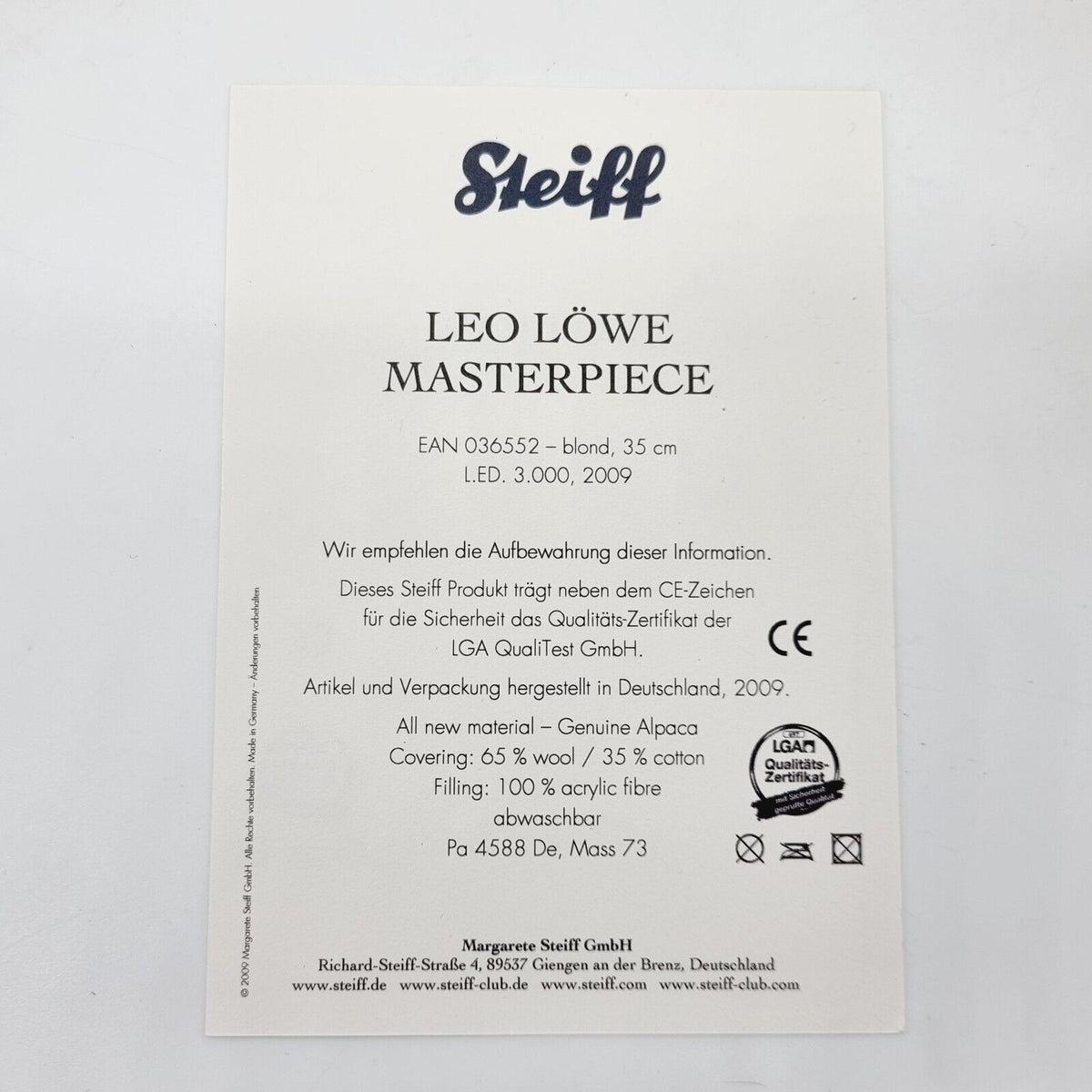 Steiff 036552 Leo Löwe Masterpiece blond 35 cm 2009 limitiert 3000 Exemplare