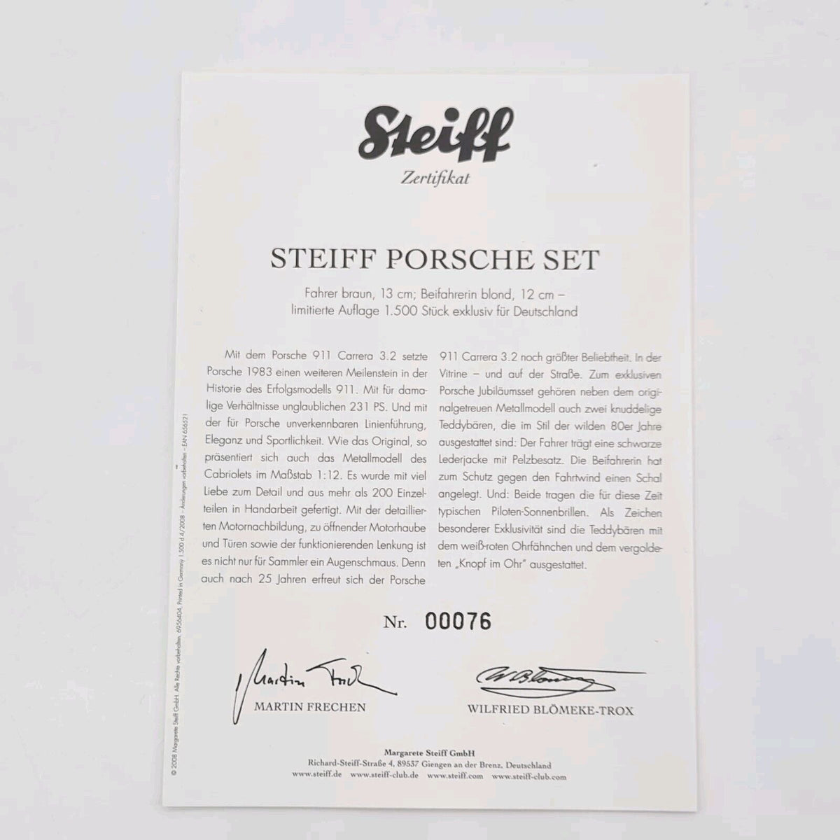 Steiff 656521 Porsche 911 Carrera 3.2 Set 2008 Premium ClassiXXs Modellauto