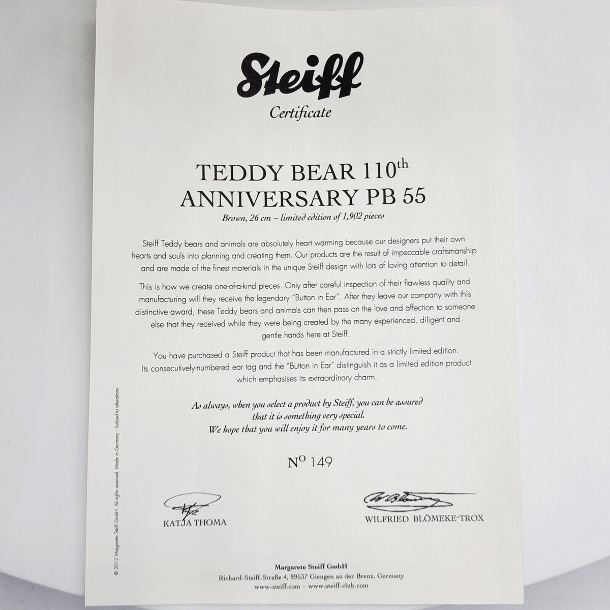 Steiff 036293 Teddybär 110th Anniversary PB 55 limitiert 1902 aus 2012 26 cm