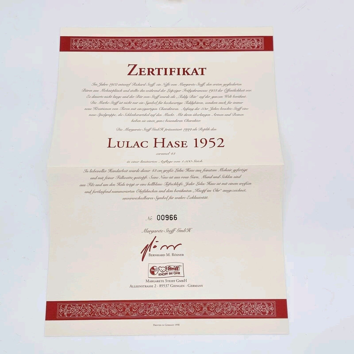 Steiff 402166 Hase Lulac limitiert 1500 aus 1999 43 cm Mohair