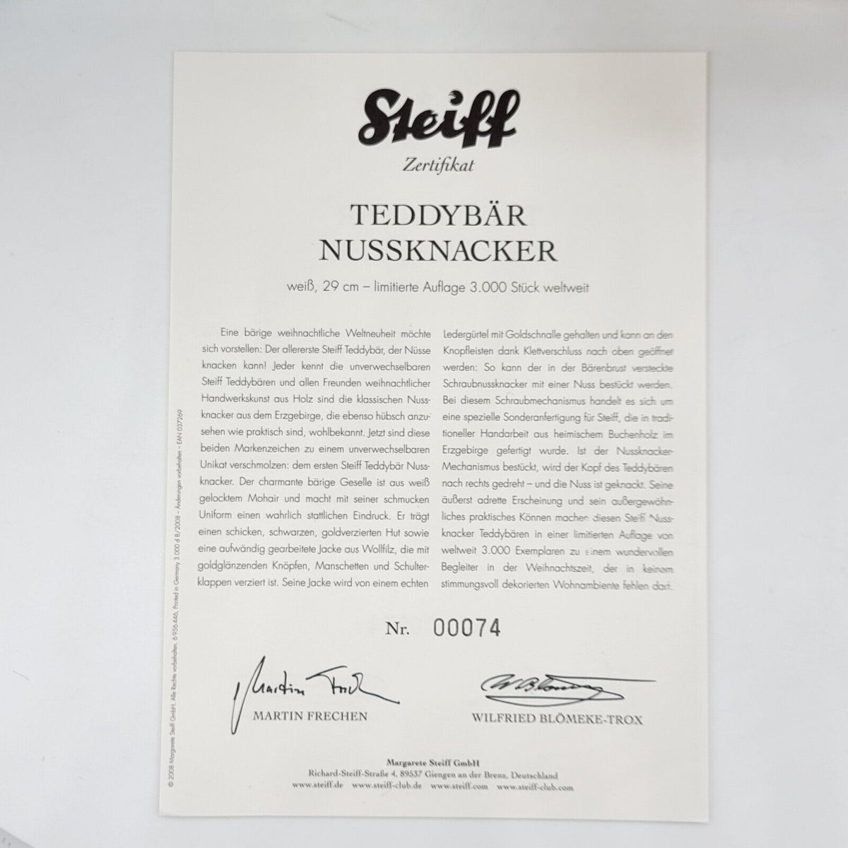 Nr. 74! Steiff 037269 Teddybär Nussknacker limitiert 3000 aus 2008
