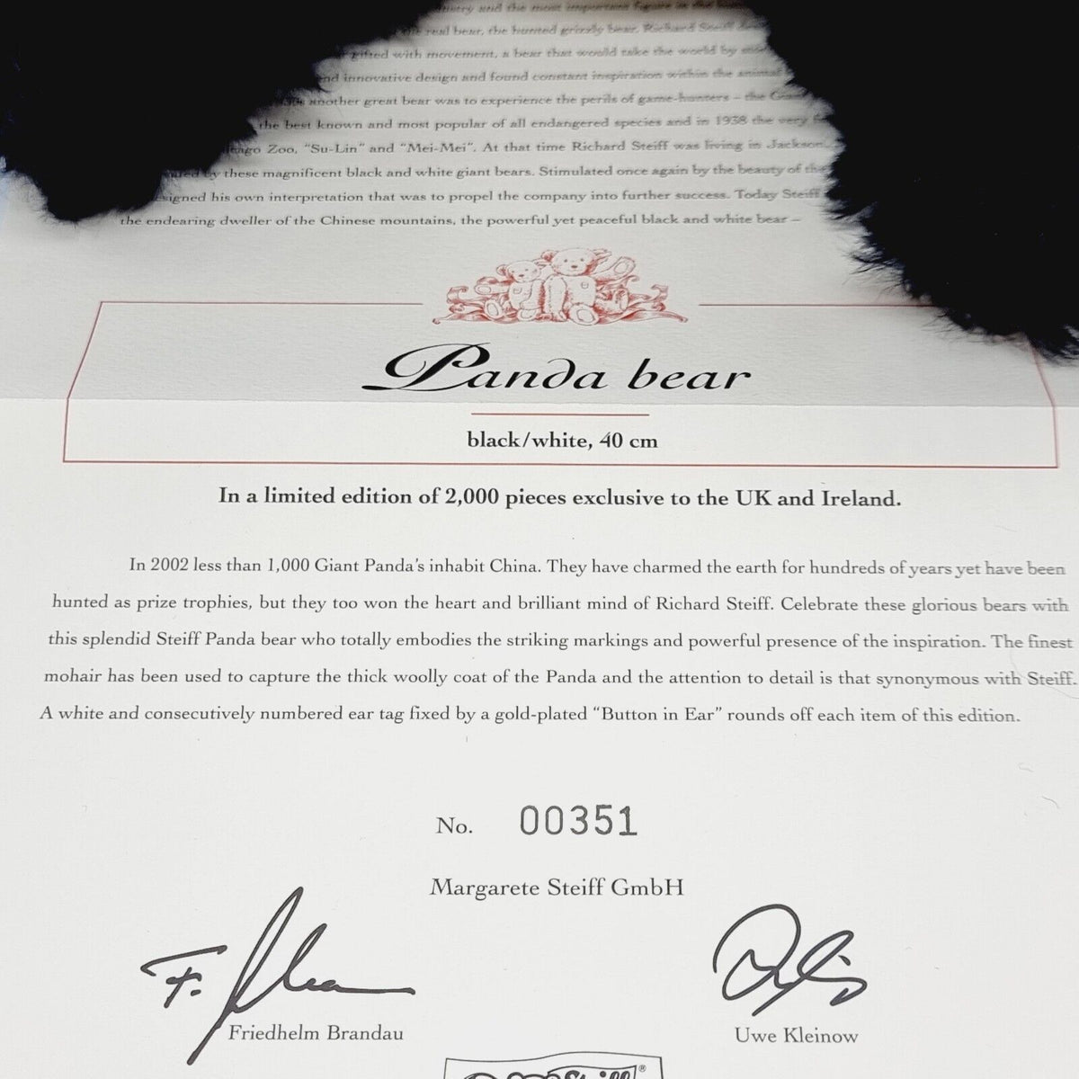 Steiff 661013 Teddybär Panda Bear limitiert 2000 aus 2003 40 cm Mohair