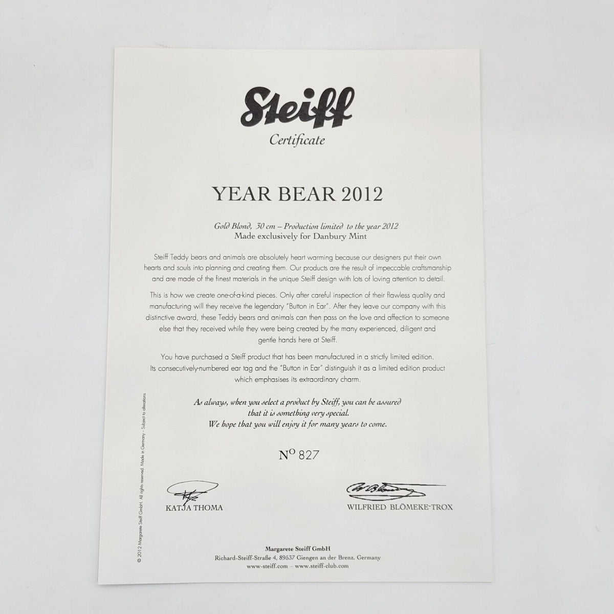 Steiff  663437 Danbury Mint Teddybär Year Bear 2012 limitiert 2012 30 cm Mohair