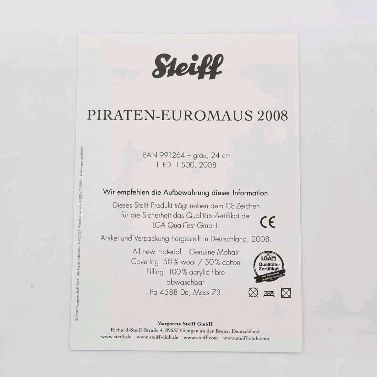 Steiff 991264 Euromaus für Europapark limitiert 1500 aus 2008 24 cm