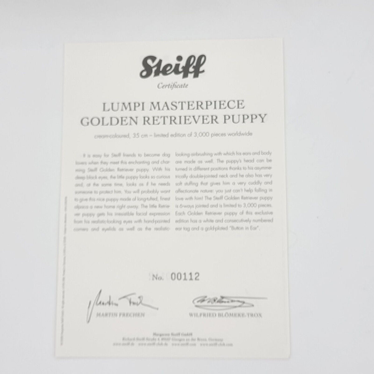 Steiff 038594 Lumpi Golden Retriever Masterpiece Hund Welpe 35 cm Alpaca