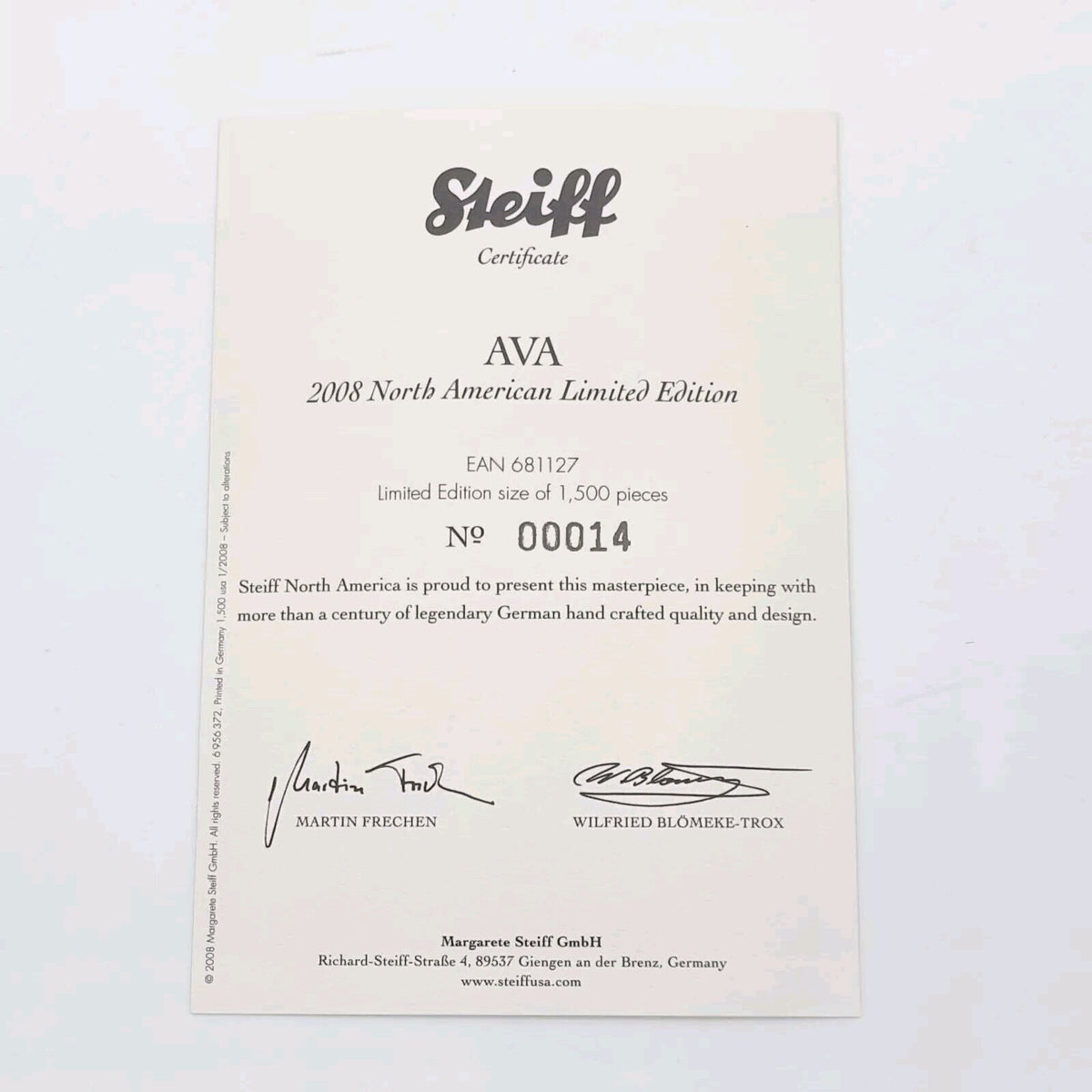 Steiff 681127 Teddybär Ava limitiert 1500 North America aus 2008 33 cm Mohair
