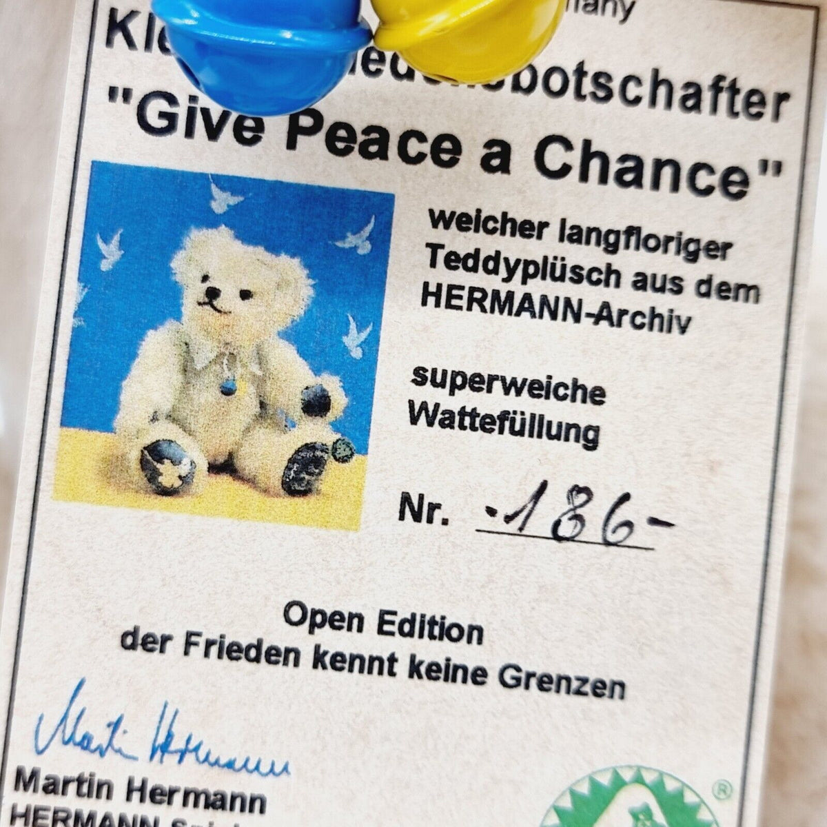 Hermann Kleiner Friedensbotschafter Ukraine Teddybär "Give peace a chance" 33cm