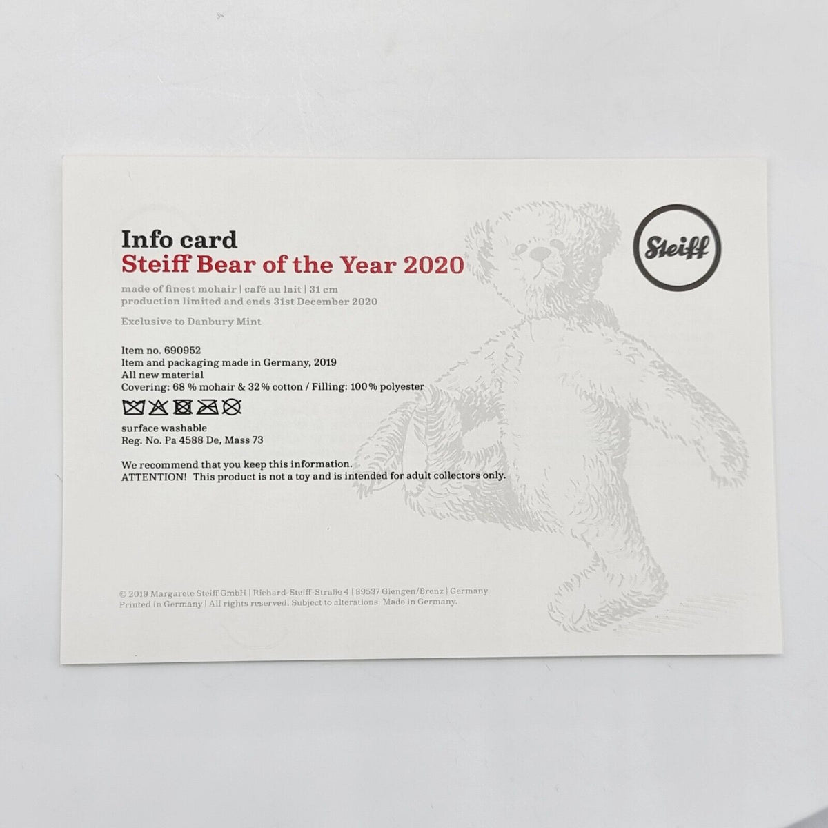 Steiff Danbury Mint 690952 Teddybär Year Bear 2020 limitiert 2020 31 cm Mohair