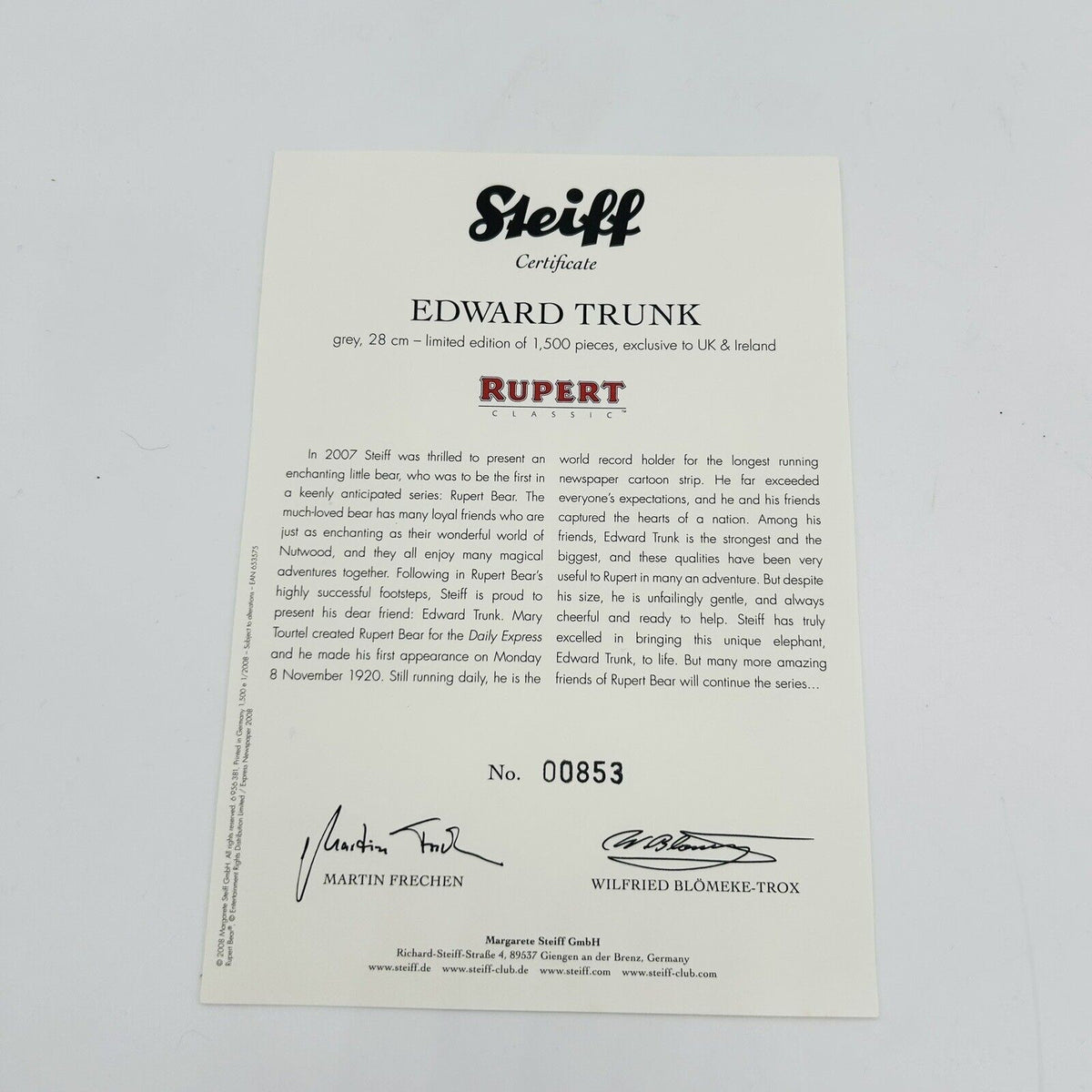 Steiff 653575 Edward Trunk aus Rupert limitiert 1500 aus 2008 28 cm Mohair