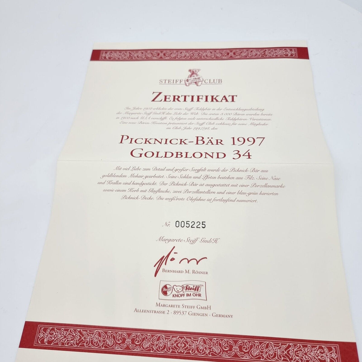 Steiff 420108 Picknick Bär Club Edition 1997/98  34cm limitiert OVP Zertifikat