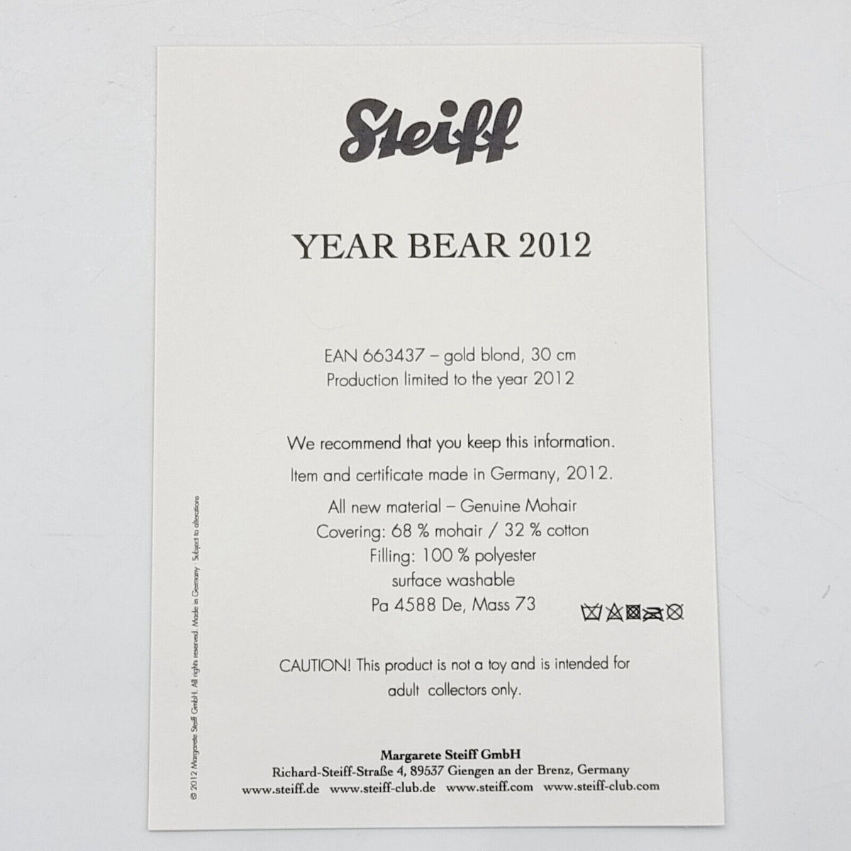 Steiff  663437 Danbury Mint Teddybär Year Bear 2012 limitiert 2012 30 cm Mohair