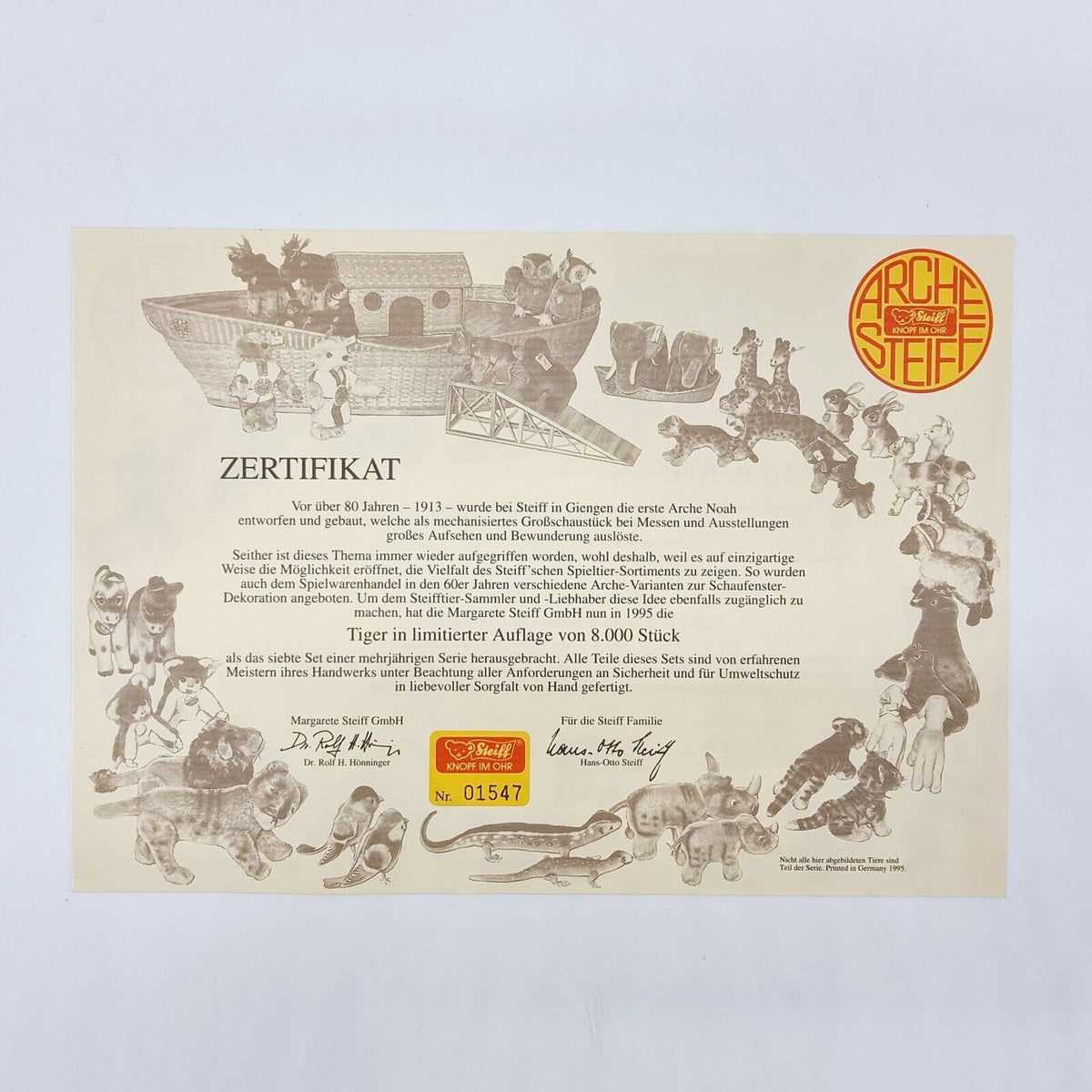 Steiff 038488 Tiger Set Arche limitiert Jahr 1995 Größe 12 cm mit Zertifikat