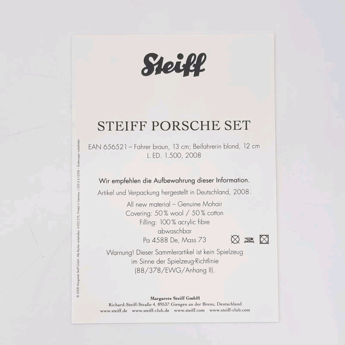 Steiff 656521 Porsche 911 Carrera 3.2 Set 2008 Premium ClassiXXs Modellauto
