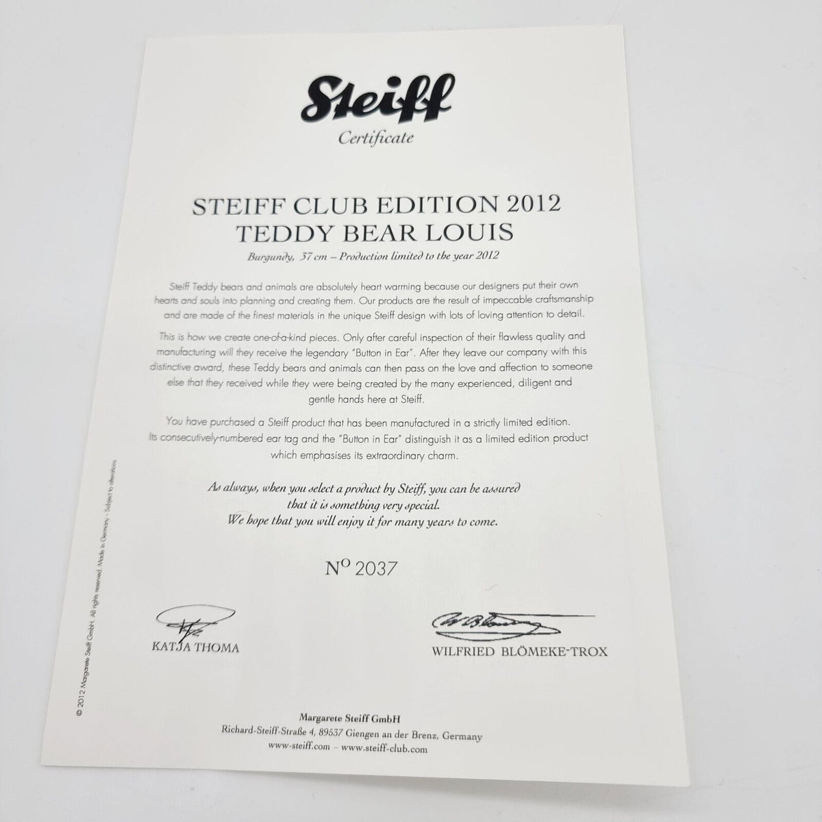 Steiff 421235 Club Teddybär Louise limitiert 2012 aus 2012 37 cm Alpaca