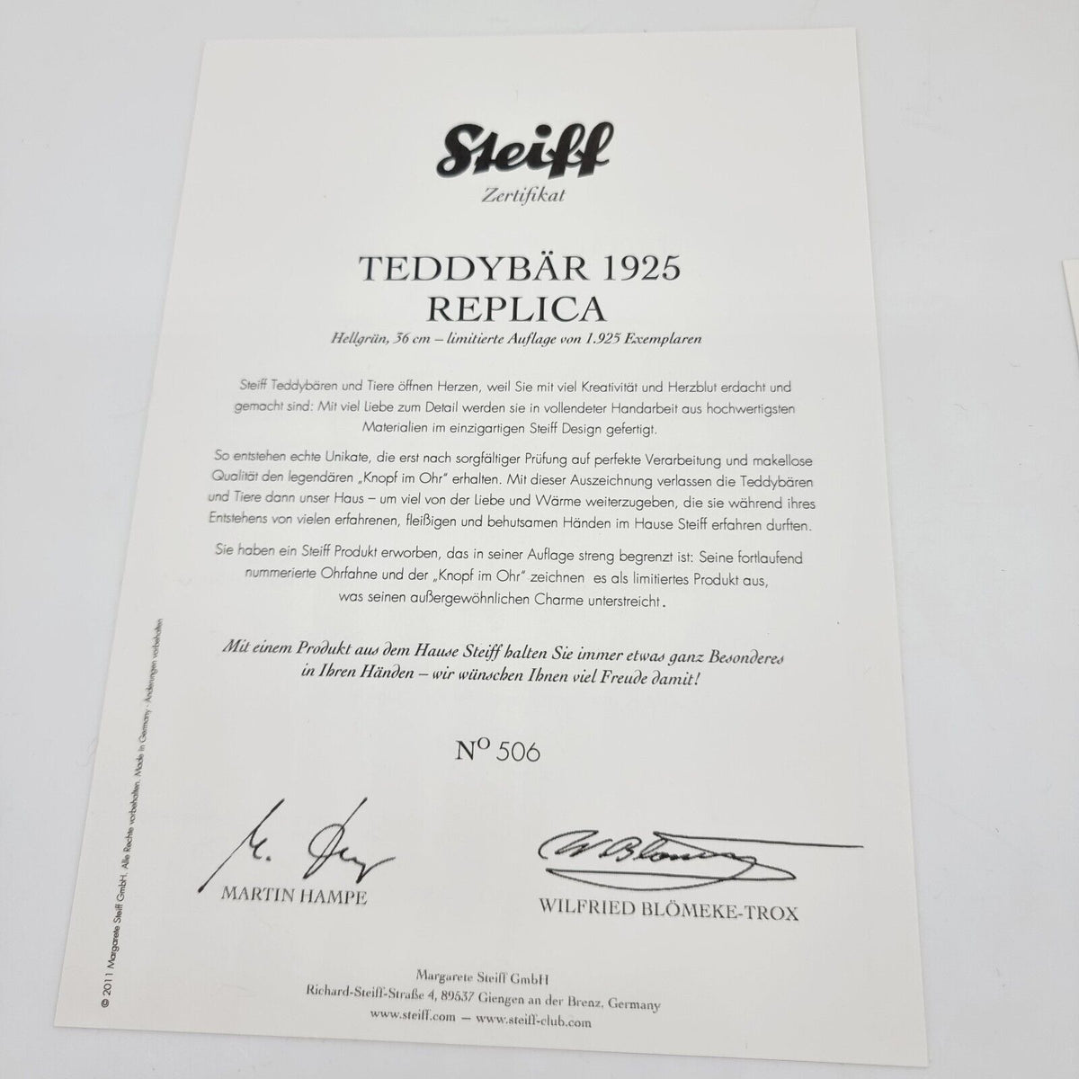 Steiff 408755 Teddybär 1925 Replica hellgrün limitiert 1925 36 cm Mohair