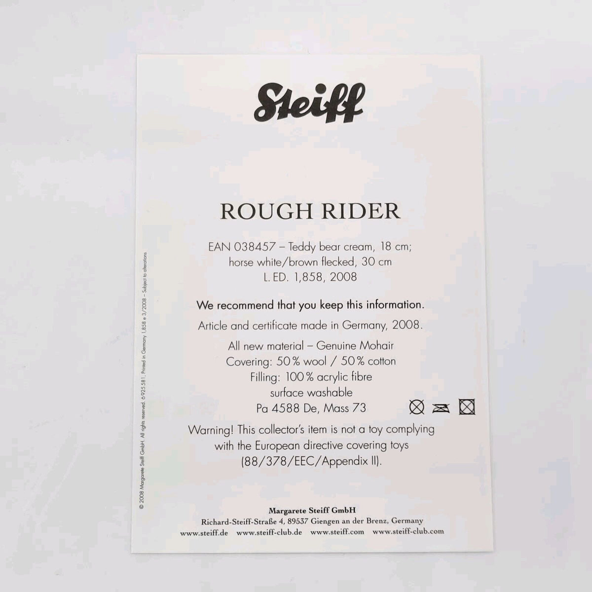 Steiff 038457 Rough Rider limitiert 1858 aus 2008 18 cm und 30 cm Mohair