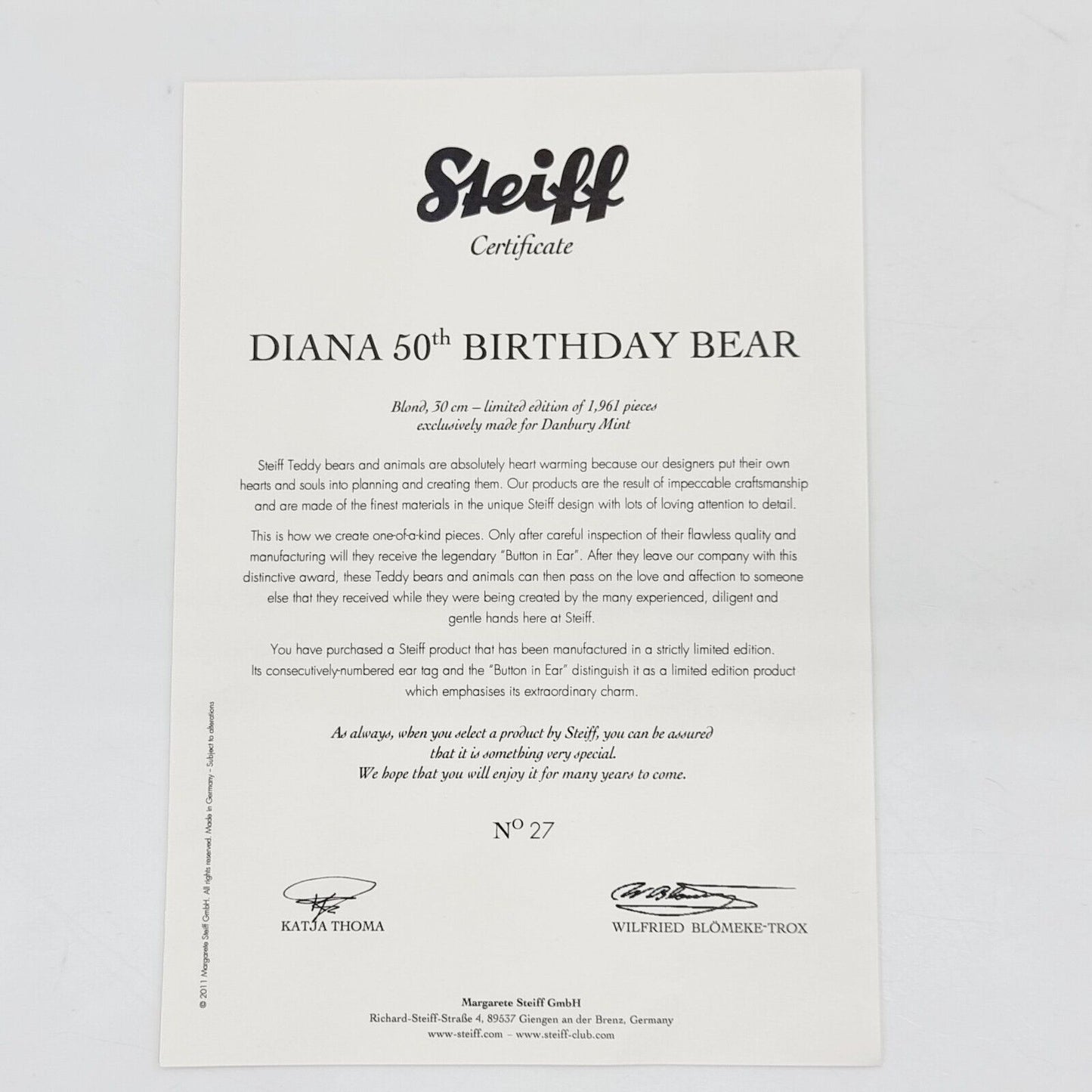 Steiff 663840 Teddybär Diana 50th Birthday limitiert 1961 aus 2011 30 cm Mohair