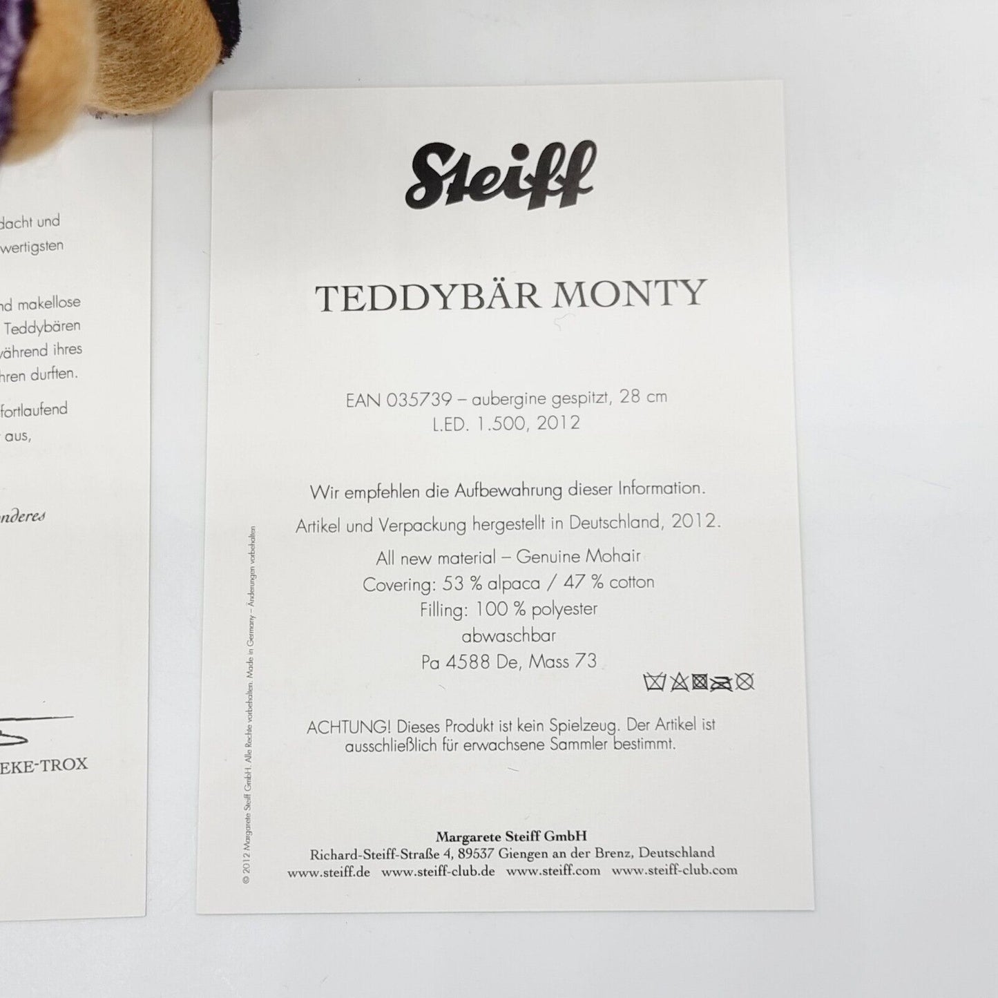 Steiff 035739 Teddybär Monty limitiert 1500 aus 2012 28 cm Mohair aubergine