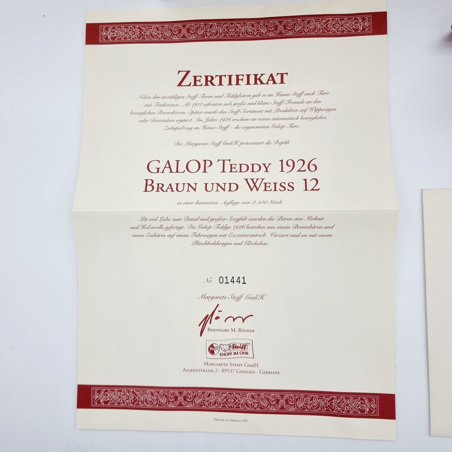 Steiff Galopp Teddy 1926 Replica - Nr. 400926 2 Teddys Zuggespann Zertifikat OVP