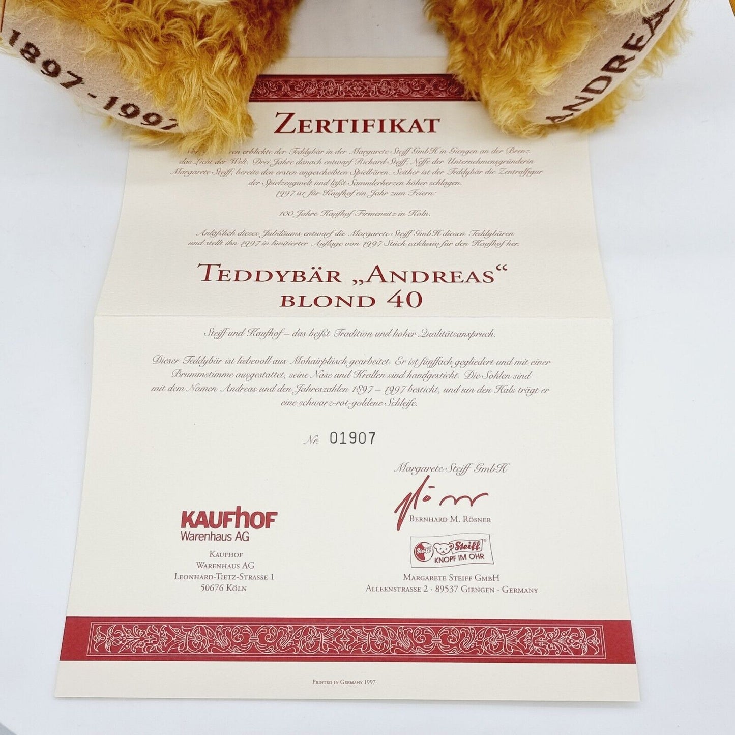 Steiff 655302 Teddybär Andreas blond limitiert 1997 Zertifikat 40 cm