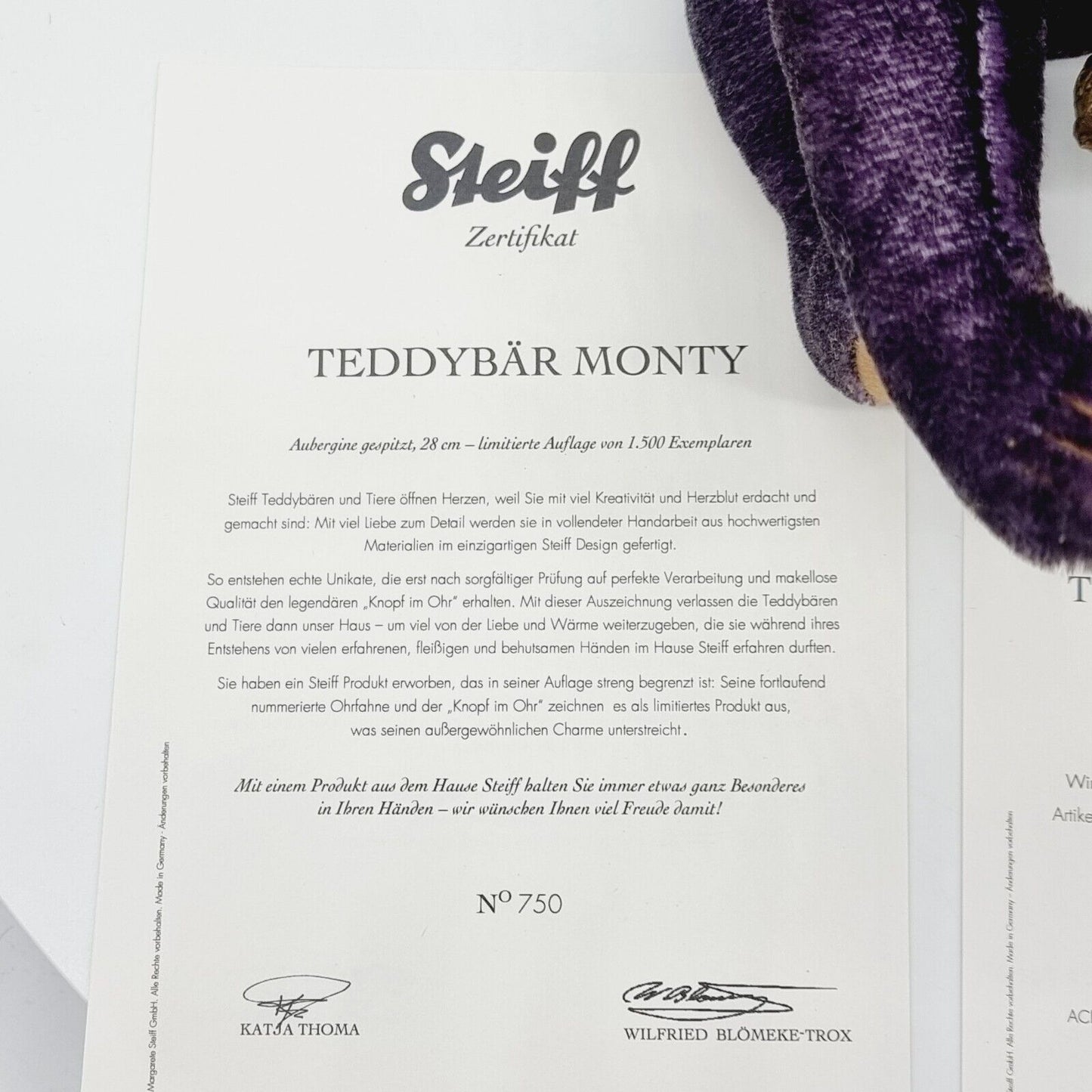 Steiff 035739 Teddybär Monty limitiert 1500 aus 2012 28 cm Mohair aubergine