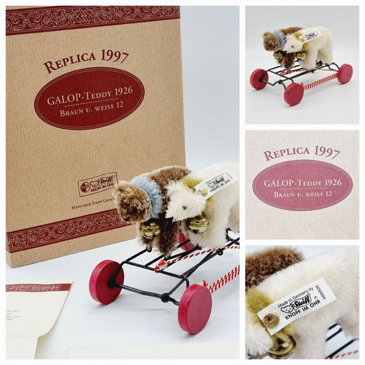 Steiff Galopp Teddy 1926 Replica - Nr. 400926 2 Teddys Zuggespann Zertifikat OVP