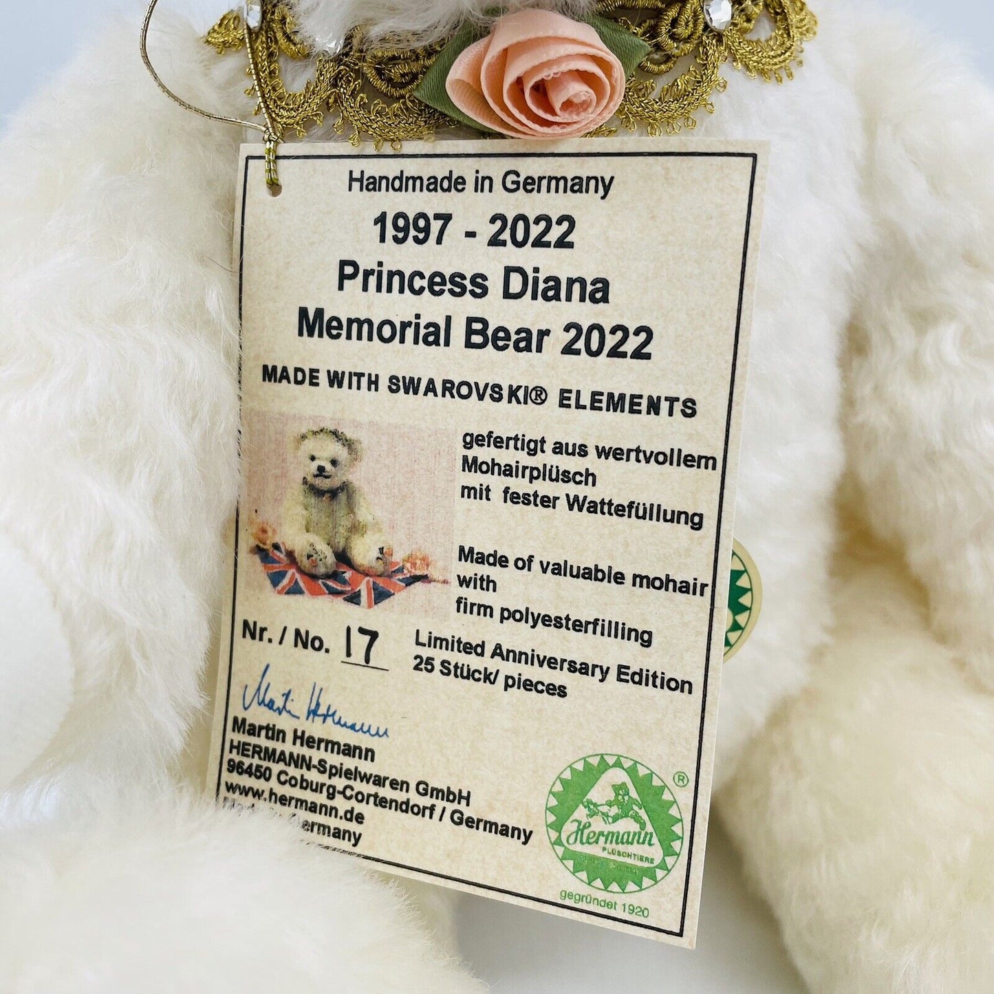 Hermann Coburg Teddybär Prinzessin Diana Memorial limitiert 25 aus 2022 34cm