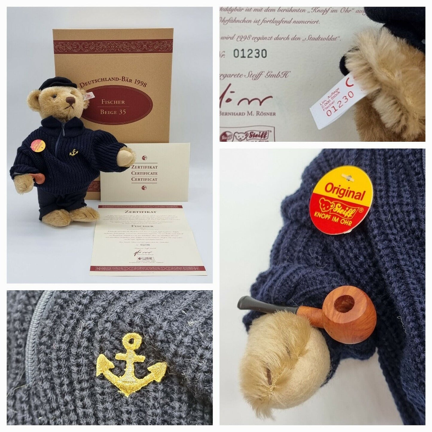 Steiff Teddybär Fischer 35 cm 1998 Zertifikat 670114 limitiert Brummstimme OVP