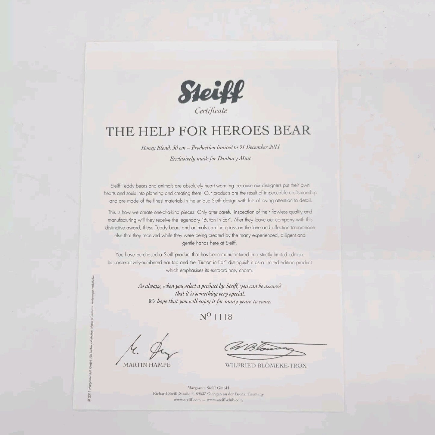 Steiff 663598 Teddybär The Help for Heroes Bear Zeitlimitierung 30 cm Mohair