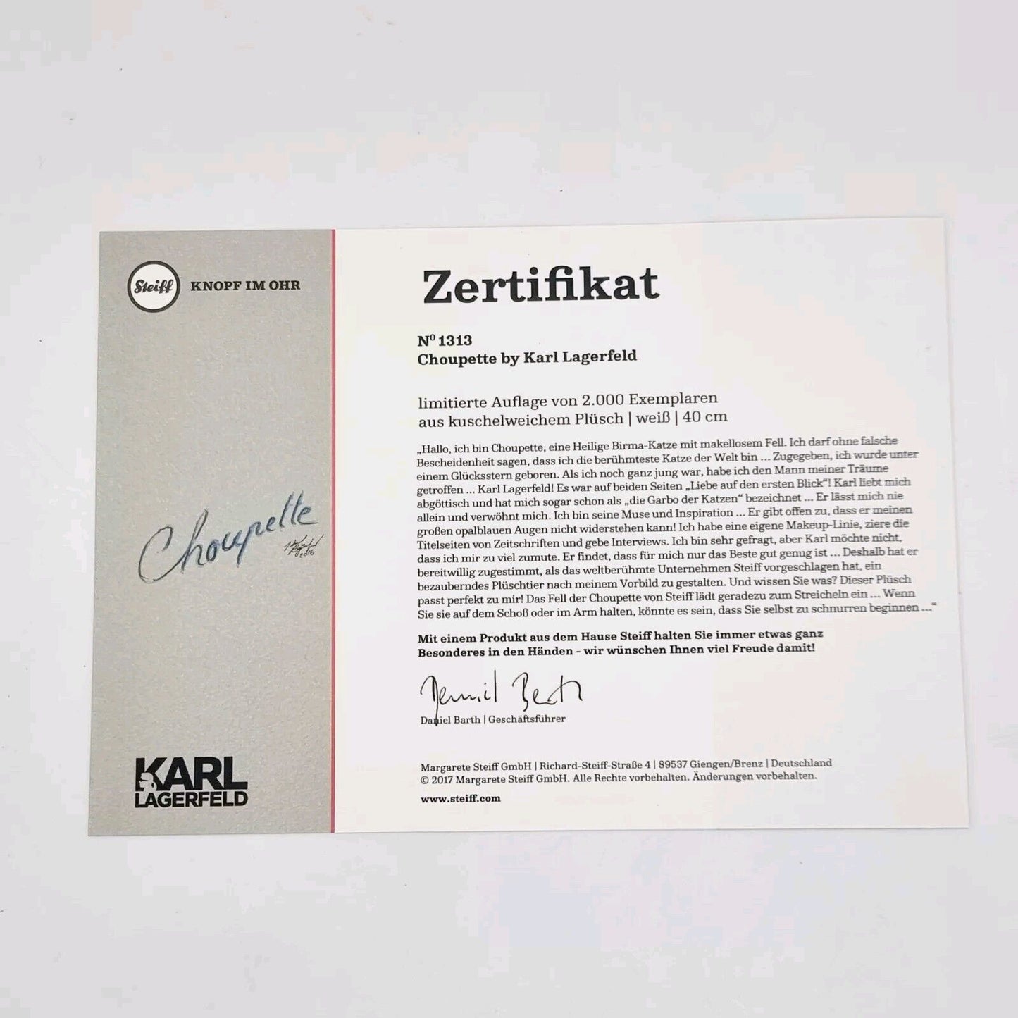 Steiff 356001 Katze Choupette 40 cm Karl Lagerfeld ohne Maus Jahr 2017