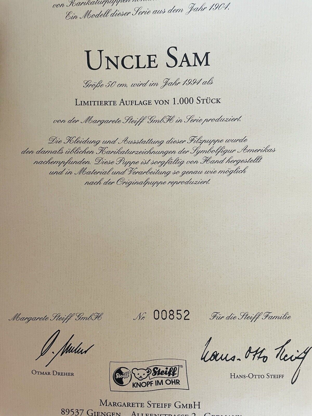 Steiff Uncle Sam Filzpuppe 1994 Handbemalt Leder Auflage 1.000 Stück 411601