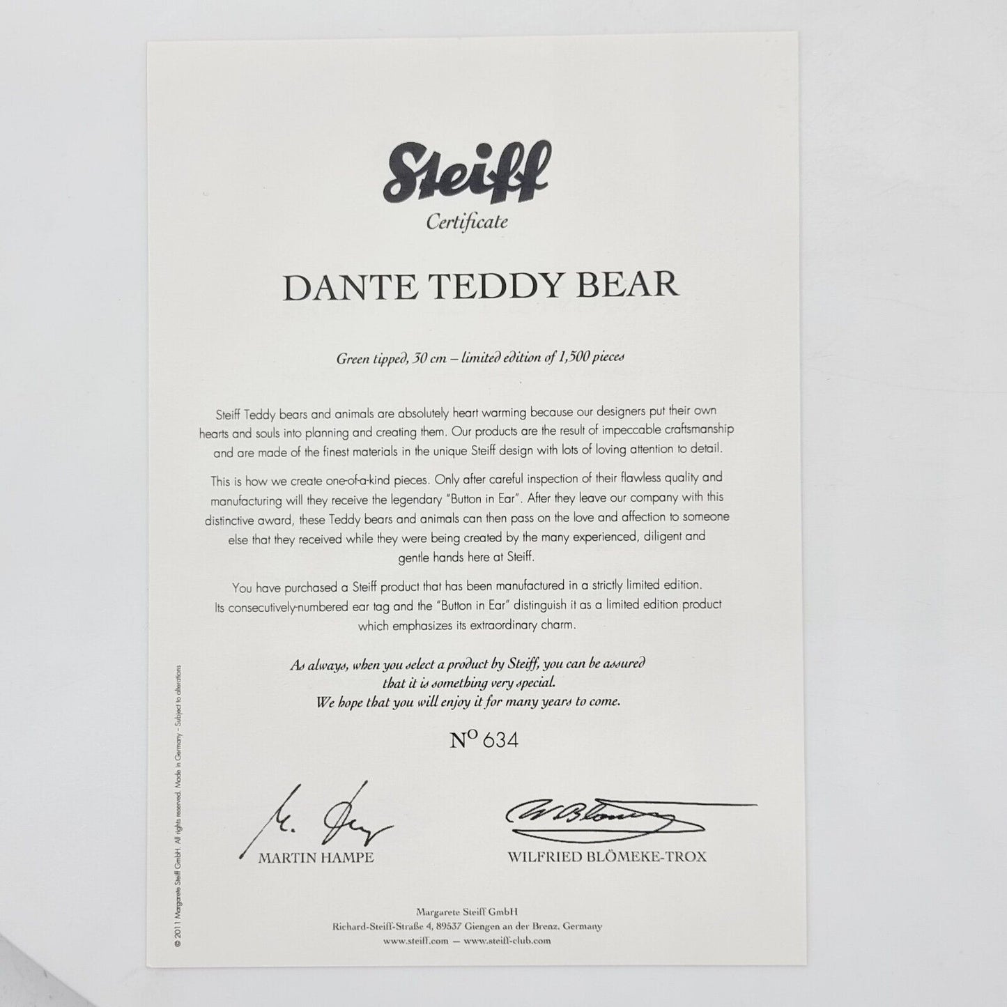 Steiff 036965 Teddybär Dante limitiert 1500 aus 2011 30 cm Mohair