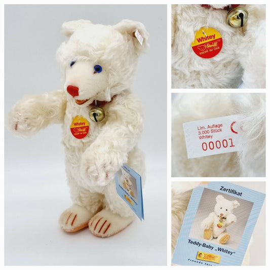 Nummer 00001 - Steiff Teddybär Baby Whitey 29 cm 655340 Zertifikat Festival 1998