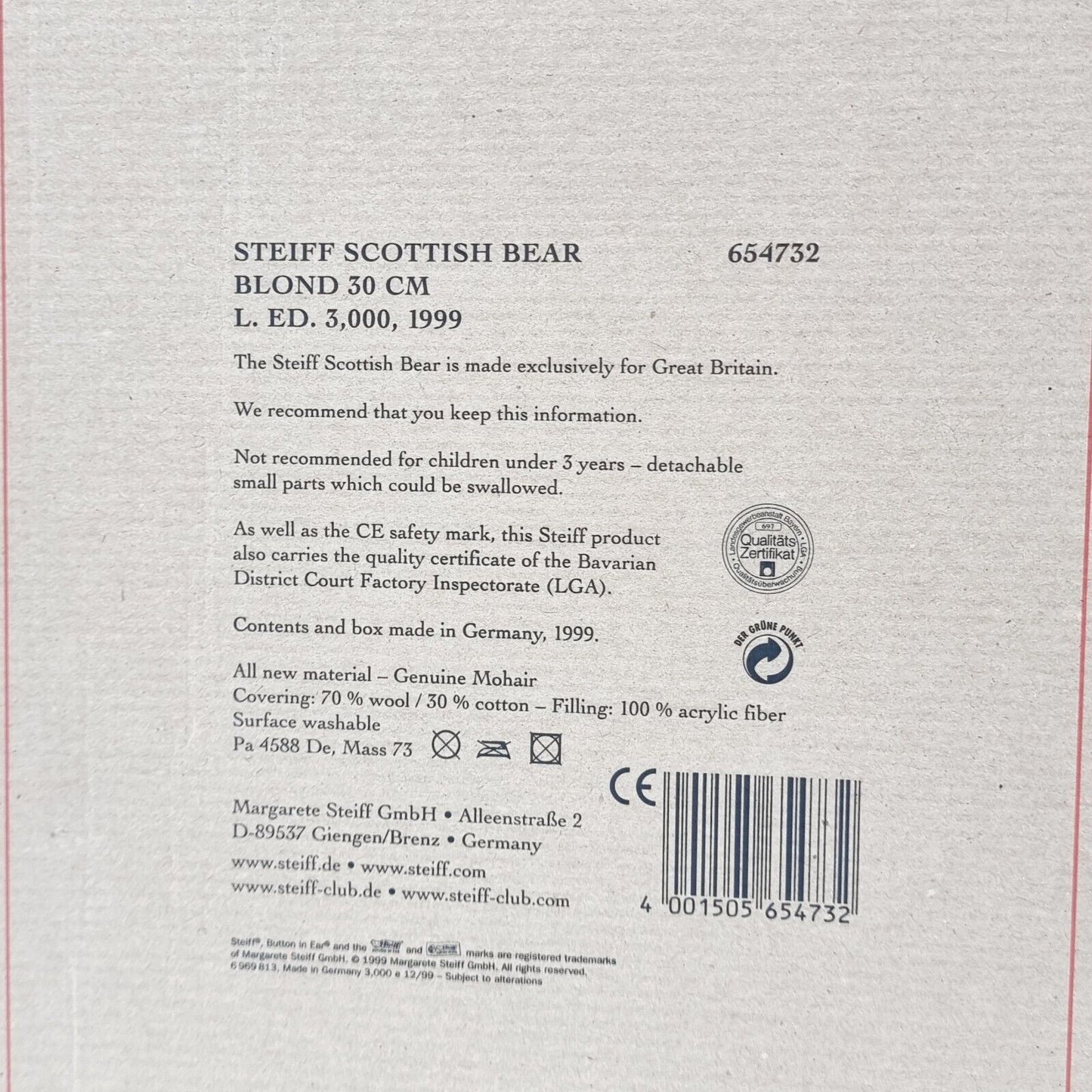 Steiff 654732 Scottish Bear blond 30 cm Jahr 1999 limitiert 3000 Great Britain