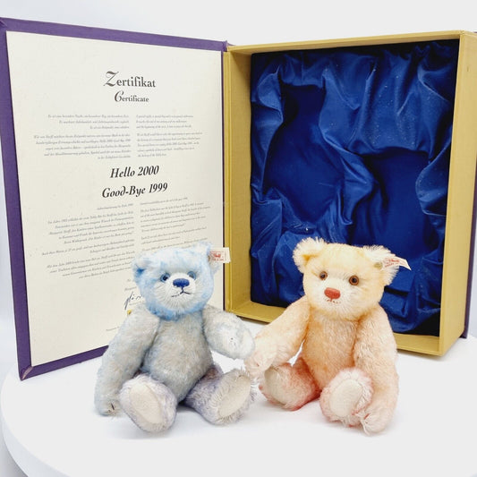 Steiff Teddybären Set Hello 2000 Good-Bye 1999 670367 22cm Mohair