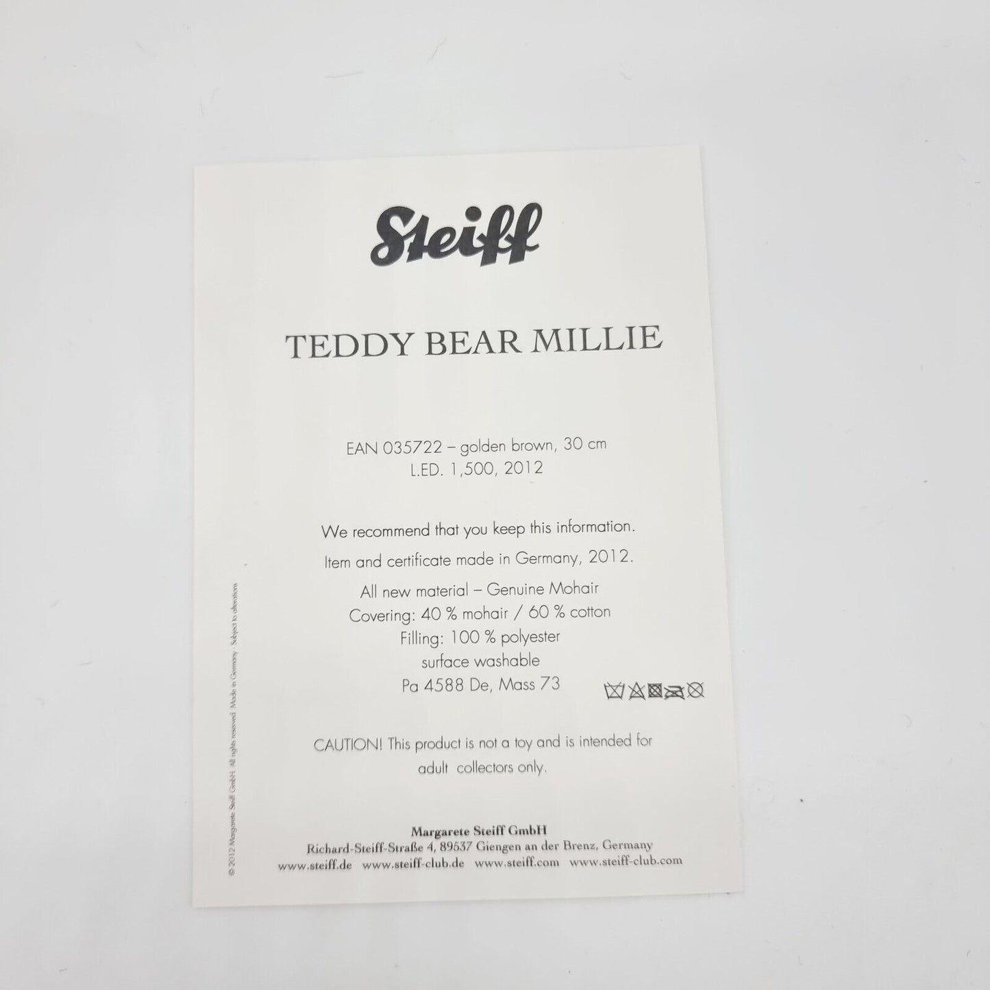 Steiff  035722 Teddybär Millie 2012 goldbraun 30 cm limitiert 1500 Exemplare